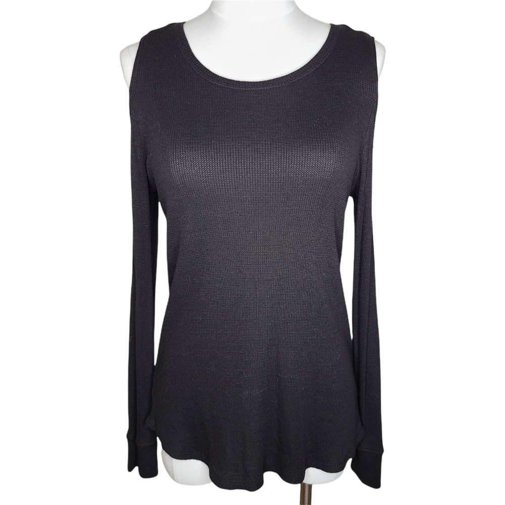 Sanctuary Cold Shoulder Thermal Waffle Top Black S
